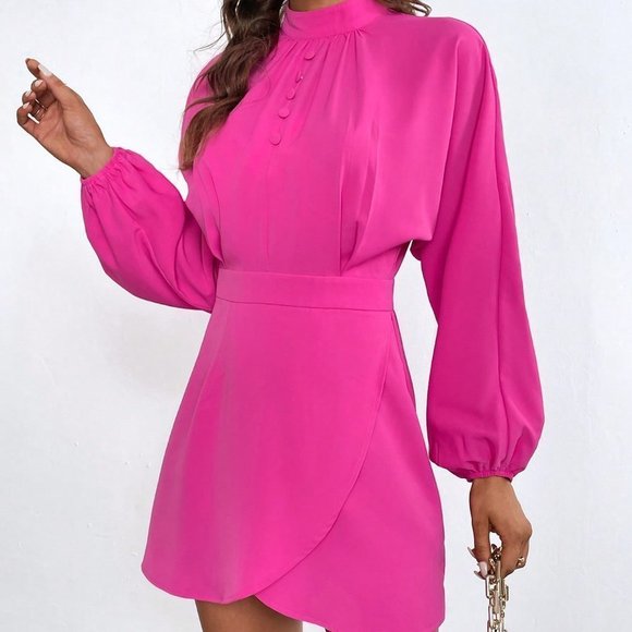 Pink Preppy Womens Mock Neck Lantern Sleeve Wrap Hem Dress - Picture 5 of 6